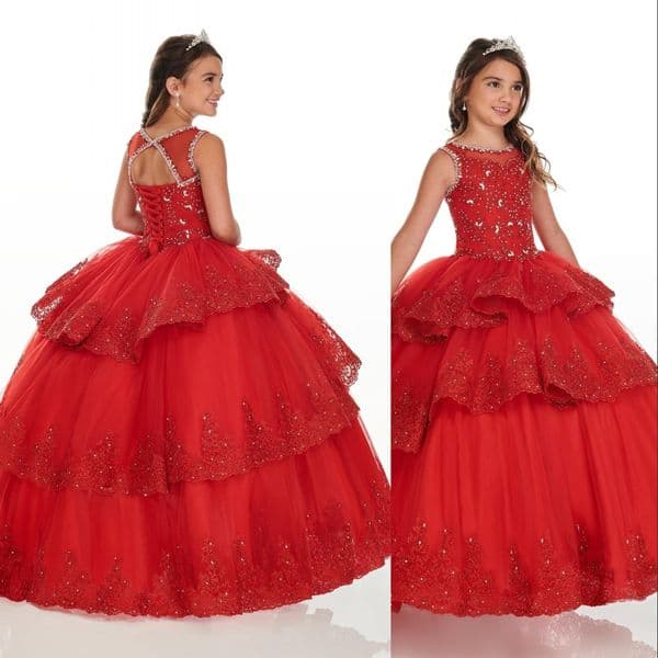 Blush Pink Red New Cheap Pageant Dresses Jewel Neck Sleeveless Lace Applique Beads Tiered Tulle Kids Flower Girls Dress Birthday Gowns