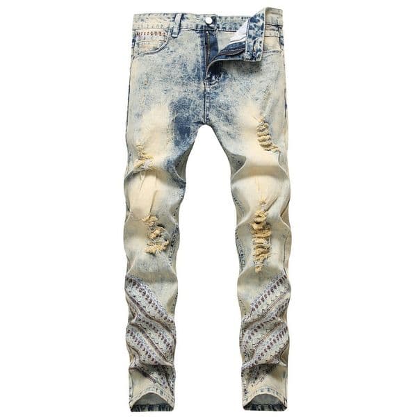 Mens Jeans, Vintage Style Biker Distressed Denim | Slim Fit Casual Male Trousers Pants For Men (Asian Size) B4