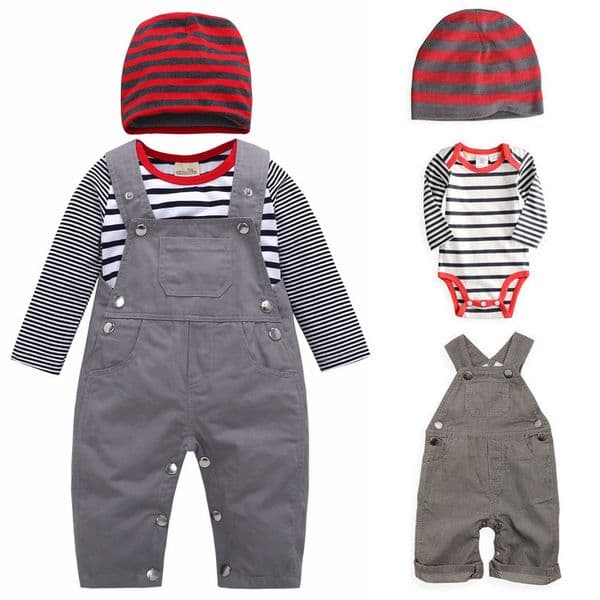 Baby Suspender Clothing Sets Kids Striped Romper+Suspender Pants+Striped Hats 3pcs/set Spring Children Leisure Cotton Outfits