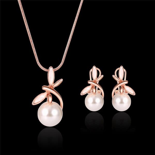 Pearl Necklace Earrings Set for Wedding Party Rose Gold Alloy Jewelry Set Fashion Trend Women Girls Lady Round Pendant Necklace Jewellery