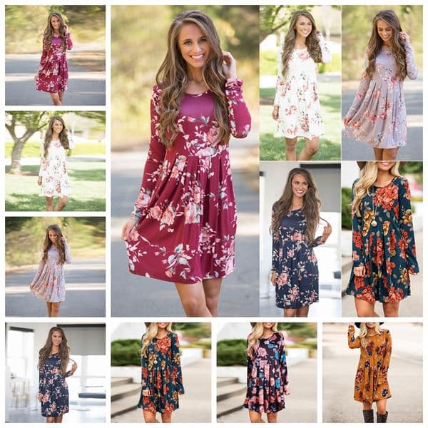 2019 European fashion printed casual street hood round neck long sleeve dress, white, burgundy, purple, gray, brown, support mixed batch