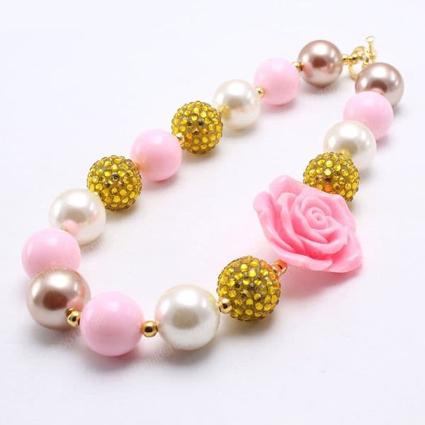 Girls Pink Flower Beads Necklace Baby Kids Chunky Bubblegum Beads Necklace Adorable Child Party Gift Jewelry
