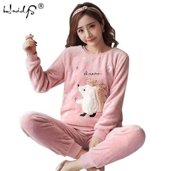 Women's Pajamas Autumn and Winter Women Long Sleeve Sleepwear Flannel Warm Lovely Top Pants Pajamas Female Pyjama Y200107