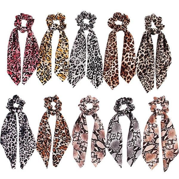 Women Girl Elastic Hairbands Scrunchie Streamer Accessories Scrunchies Leopard print Chiffon Turban Ponytail Holder Hair Ties