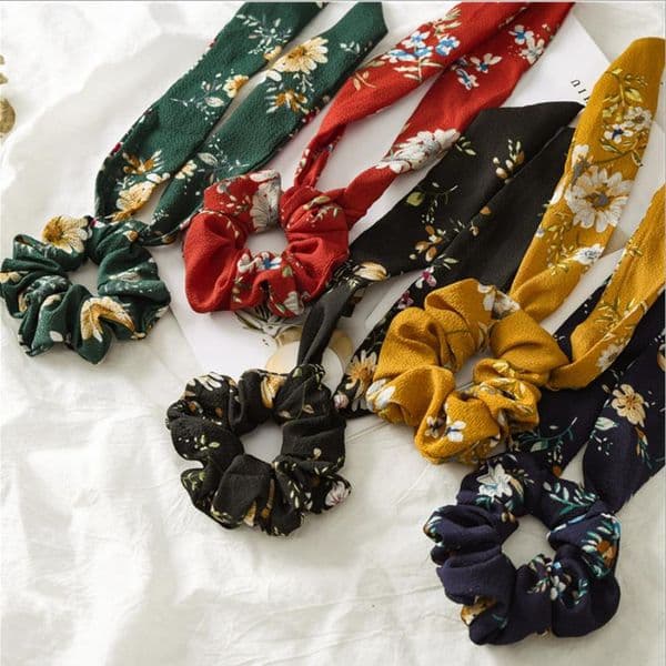 Ponytail Scarf Vintage Women Hair Bow Ties Scrunchies Hair Bands Floral Ribbon Hairbands Girls Hair Accessories 5 Designs DW4979