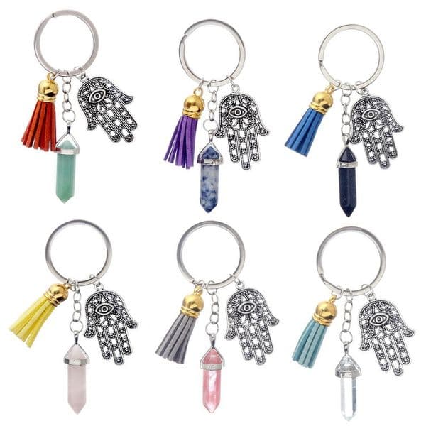 Hamsa Hand Fatima Keychain Ring, Tassel Hexagonal Prism Chakra Natural Stone Evil Eye Crystal Pendant Charms Keyring Jewelry Gifts Key Chain Accessories