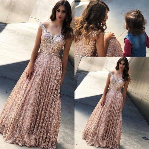 Sexy New Rose Gold A Line Sequined Prom Dresses Off Shoulder Beaded Sash Floor Length Arabic Sequins Formal Evening Wear Party Gowns Custom