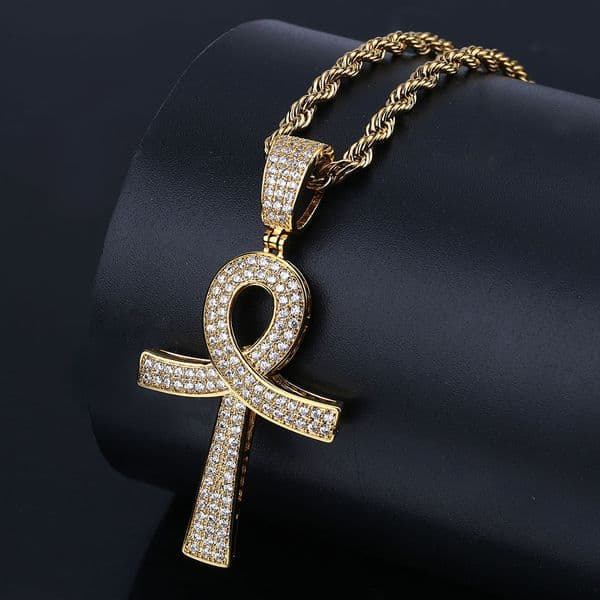 2026 New Hip Hop Ankh Cross Key Of Life Pendant Necklace Gold White Tone Plated Cubic Zirconia Inlaid Shiny Fashion Jewelry For Men Gift