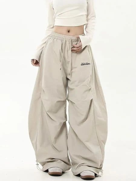 Retro Matching Oversize Womens Wide Leg Pant Low Waist Drawstring Lady Cargo Pants Y2K Hip Hop Streetwear Casual Chic Sweatpant 251231BJ