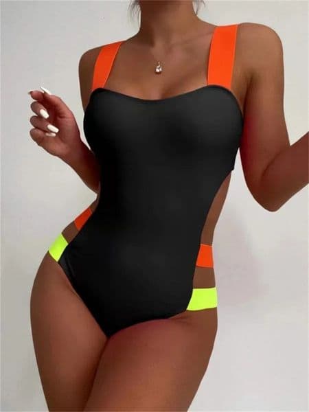 Sexy Black Contrast One Piece Swimsuit Women Neon Strap Hollow Out Backless Monokini Summer Bathing Suit Patchwork Swimwear 251230