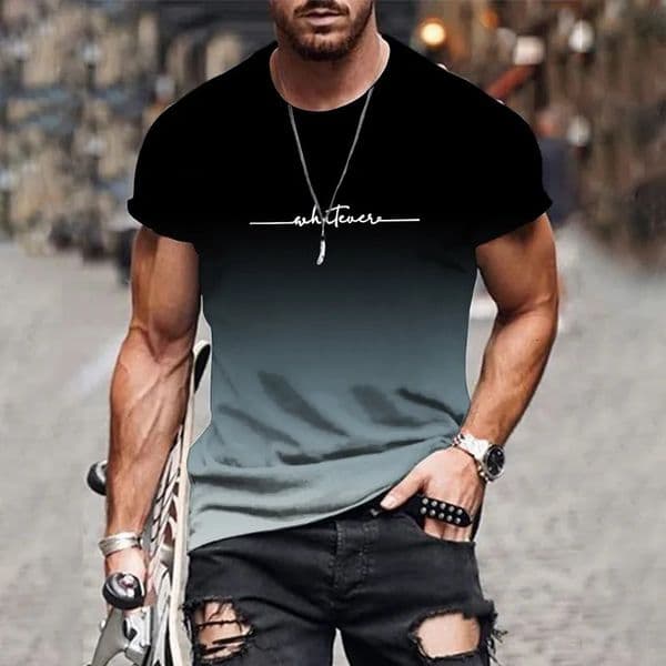 2025 Mens Gradient Letter Printed Comfortable and Breathable Round Neck T-shirt Outdoor Street Fashion Top 251231