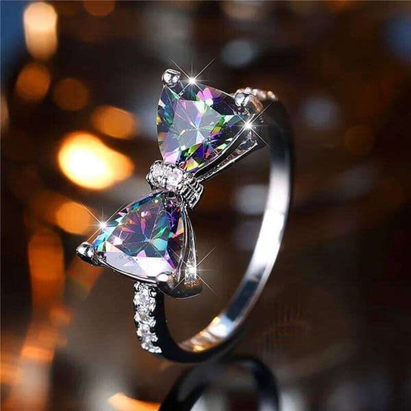 Luxury Female Rainbow Stone Bowknot Engagement Ring Trendy Silver Color Bride Wedding Jewelry Gift For Women