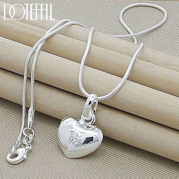 DOTEFFIL 925 Sterling Silver Solid Small Heart Pendant Necklace 16-30 Inch Snake Chain Wedding Charm Fashion Jewelry