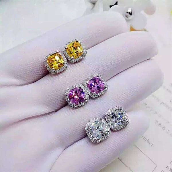 Luxury Female Yellow Pink Stone Fashion Silver Color Wedding Jewelry Vintage Double Stud Earrings For Women