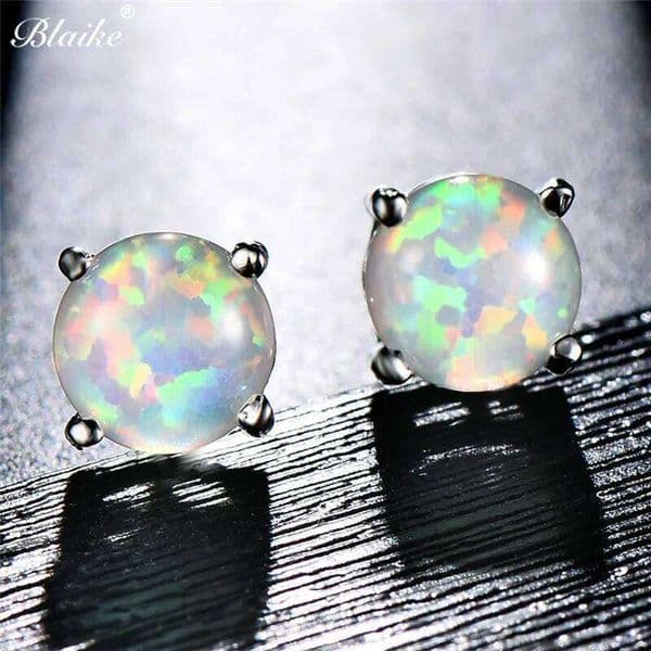 Luxury Exquisite 6MM Round White Blue Green Fire Opal Stud Earrings For Women Silver Color Wedding Party Jewelry Gifts