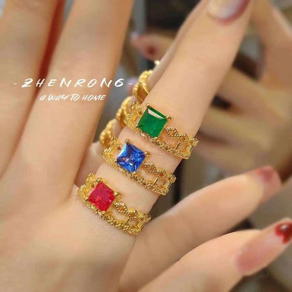Elegant 18K Gold Plated Jewelry Rings for Female Square Red/Green/Blue Zircon CZ Open Ring Wedding Party Ornanmet