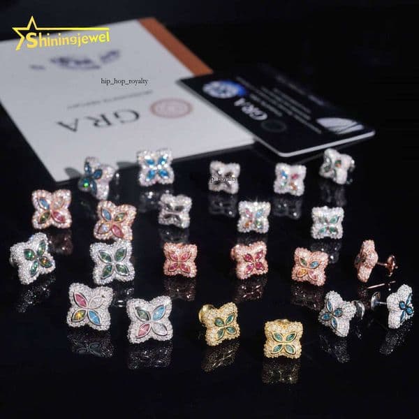 VVS Moissanite 925 Sterling Silver Colorful Clover with Screw 925 Back Fine Jewelry Men and Women Ice Silicon Stone Earrings for Daily Wear