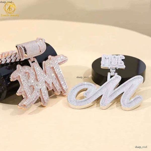 Custom Vvs Moissanite Letter Name Hip-Hop Style Iced Long Bagel Cut Moissanite 925 Silver Initial Pendant Fine Jewelry