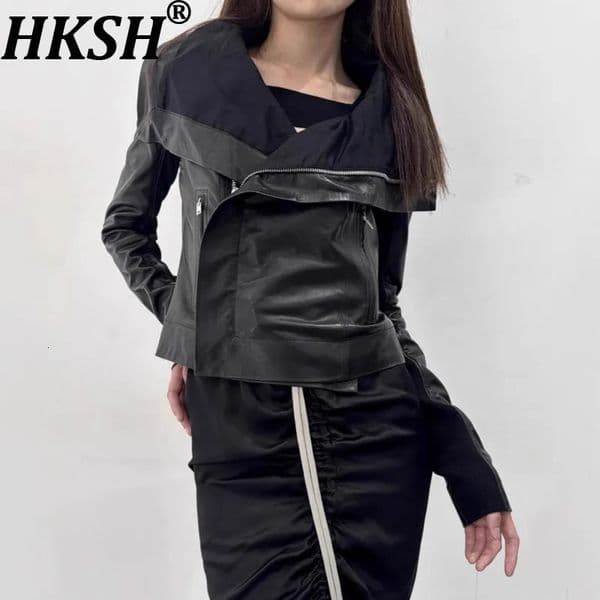 HKSH Spring Autumn Womens Jacket PU Leather Asymmetric Zipper Pockets Slim Fit Motorcycle Dark Punk Short Coat Chic HK15980 251216