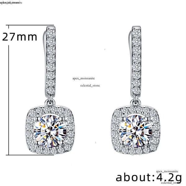 Classical Designer 18K White Gold Plated Square Shape Cubic Zirconia Clip on for Women Sapphire Crystal Diamond Drop Earrings Dangle Earring Anti-allergy