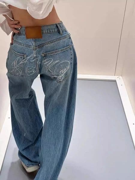 Baggy Blue Jeans for Women Vintage Y2k Letter Rhinestone Straight Denim Pant Streetwear High Waist Wide Leg Trousers 251231