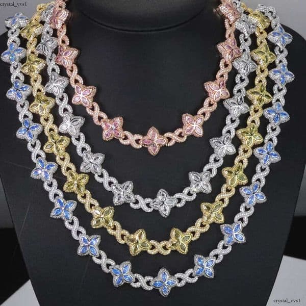 Gold-Plated 8mm Colorful Ice VVS IGI Moissanite Flower Chain Hip-Hop Infinity Symbol & Four-Leaf Clover Unisex Necklace