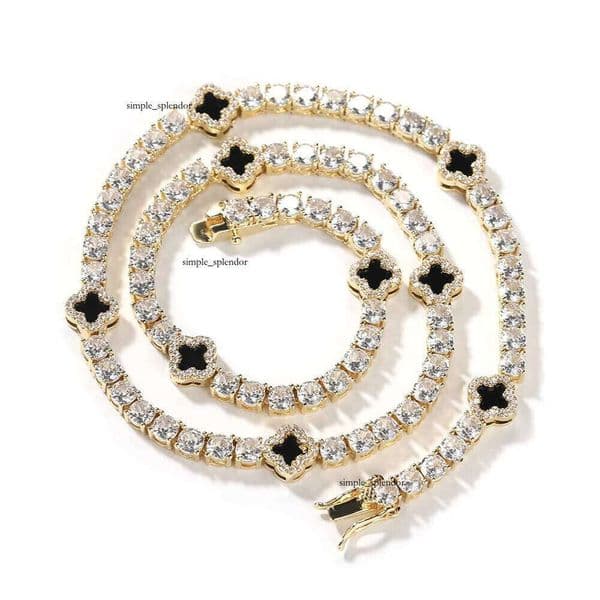 VVS Moissanite Hot-Selling New Brass 4mm Iced Straight Pull Elegant Black 18K Four-Leaf Clover Tennis Chain Necklace Fashion Women's Jewelry
