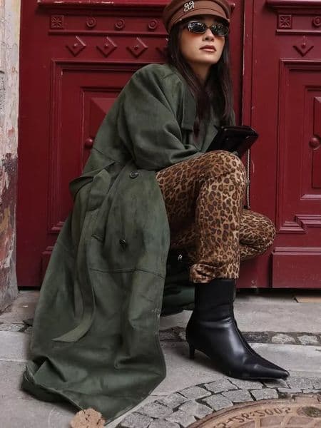 Green Suede Long Coat Women Casual Full Sleeve Lapel Vneck Double Breasted Loose Coats 2026 Lady Fashion Spring Autumn Outwear 251231