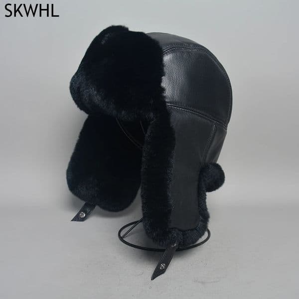 Unisex Real Rex Rabbit Fur Bomber Hat Ushanka Cap Trapper Russian Men Women Ski Hats Caps Real Sheepskin Leather Winter Warm 251225