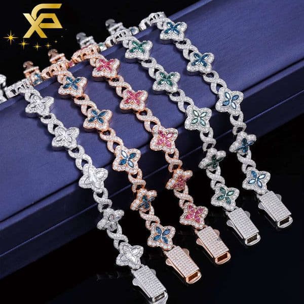 Lucky 13mm Clover 18k Gold Plated 925 Silver Hip Hop Iced Out VVS Pink Green Blue VVS Moissanite Chrysolite Bracelet Gift