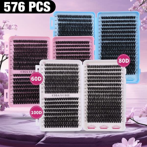 576Pcs Thick Fluffy DIY Eyelashes Soft Lightweight DIY Cluster Lashes Kit with Lash Bond & Seal Hand Made Reusable Naturally D Curled Individual Eyelashes