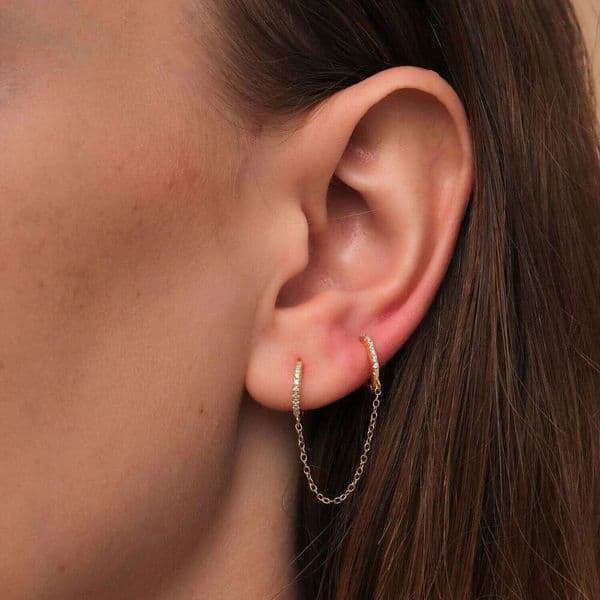 Aide 925 Sterling Silver Double Circle Hoops For Women Chic White Zircons Set Chain Tassel Huggie Earrings Pendientes