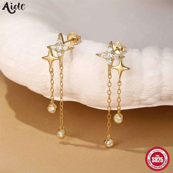 Aide 925 Sterling Silver Star Chain Tassel Drop Earrings 18K Gold Plated Double Studs Zircon Piercing Earring Pendientes Jewelry