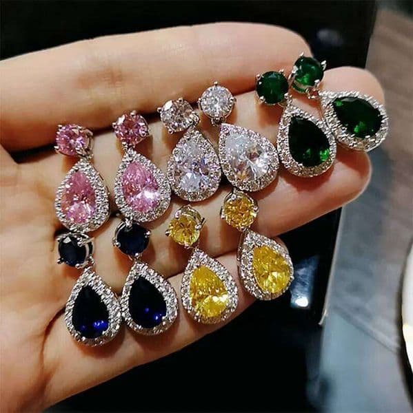 Classic Luxury Sparkling Colorful Gemstone earrings for women inlay Diamonds Pink Green Yellow Drop Earring Wedding Jewelry