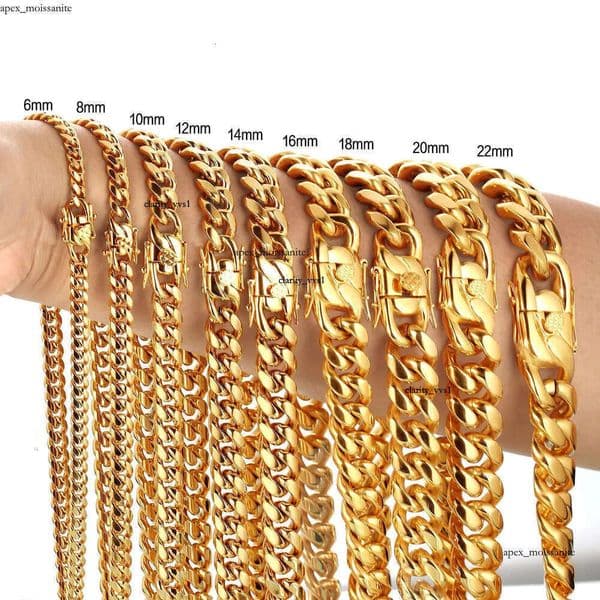 6-22mm Hip Hop Stainless Steel Miami Cuban Link Chain Bibcock Clasp 18K Mens 18K Real Gold Plated Jewelry 69
