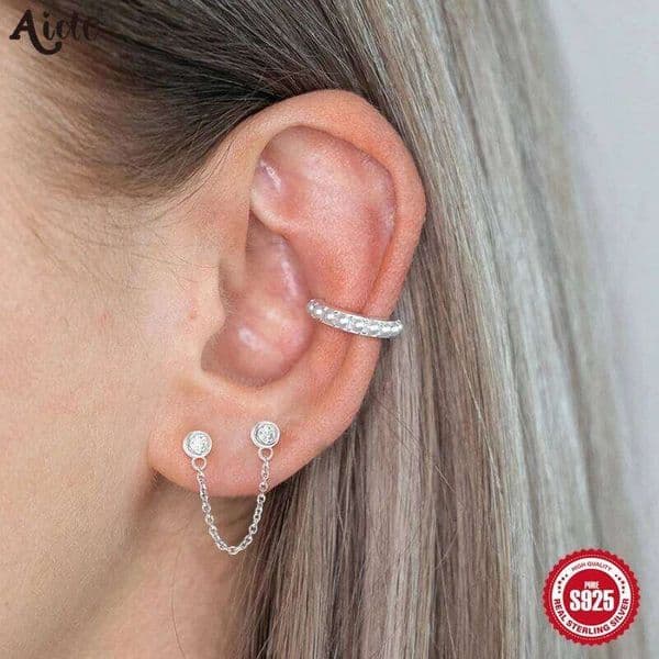 Aide 1PC 925 Sterling Silver Double Pierced Long Chain Zircon Stud Earrings Female Fashion Temperament Lover Gift Fine Jewelry