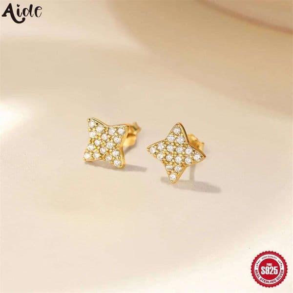 Aide 925 Sterling Silver Four-leaf Clover Gold Color CZ Stud Ear Bone Earrings For Women Girl Party Fine Jewelry