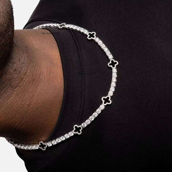 Hot Sale Hip-Hop Iced Out Jewelry S925 3mm Black Clover 925 VVS1 Silicon Stone VVS Moissanite Tennis Chain Necklace