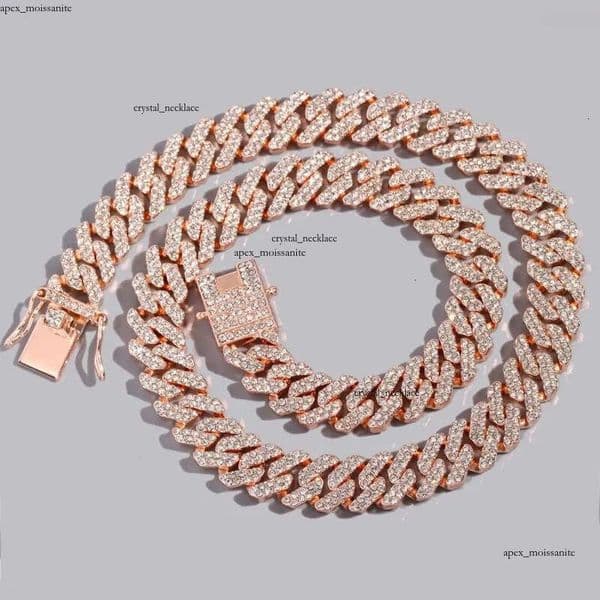 Chains 14K 12MM Rose Gold Color Miami Cuban Link Chain Necklace Bracelet Iced Out Bling Rhinestone Choker Women Men Hip Hop Jewelry cf