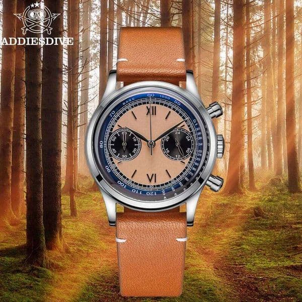 ADDIESDIVE AD2037 Men Quartz Watch Multifunctional 24 Hour Chronograph Black Dial Leather Watches 100m Dive Business Wristwatch