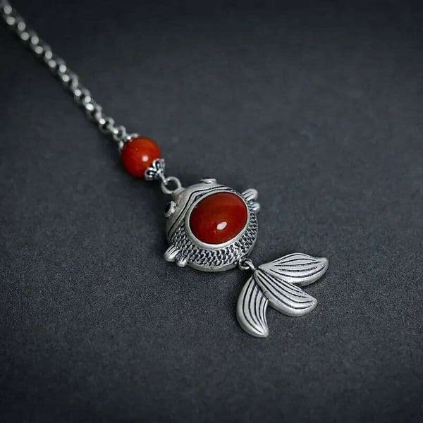 Original 925 Silver Inlay South Red Tourmaline Gold Chinese Style Fish Button Pendant Tassel Classic Drop Jewelry Accessories
