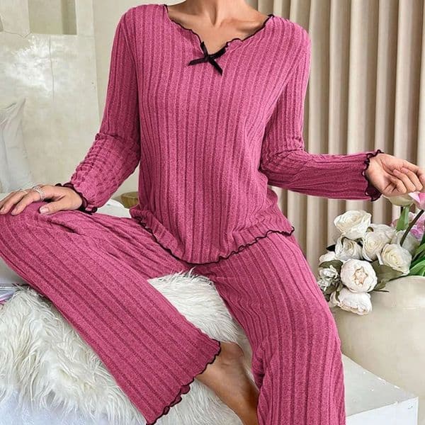 Women Autumn Winter Sleepwear Ribbed Pajamas Set Long Sleeve Top and Pants 2 Piece Casual Homewear Loungewear 251231BANJIA
