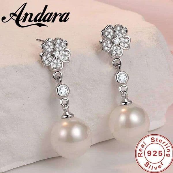 Andara 925 Sterling Silver Flower Pearl Earrings for Women Elegant Wedding Engagement Party Fashion Jewelry Accessories Gift