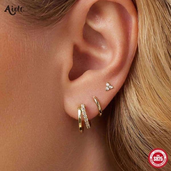 Aide 3pcs Set 925 Sterling Silver Double Gold Hoop Mini Zircon Stud Earrings For Women Hypoallergic Elegant INS Piercing Jewelry