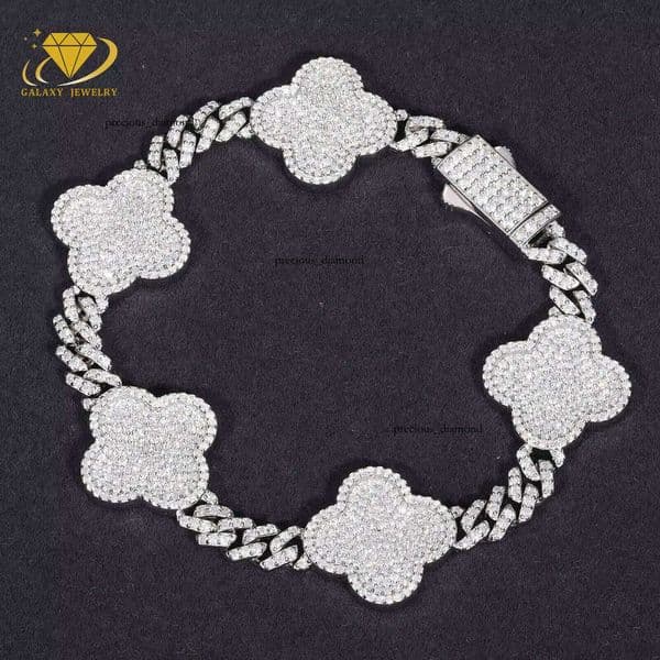 New GRA Arrival 6MM Silver 925 Hip Hop Lucky Four-Leaf Clover VVS Moissanite Miami Cuban Chain Bracelet Necklace