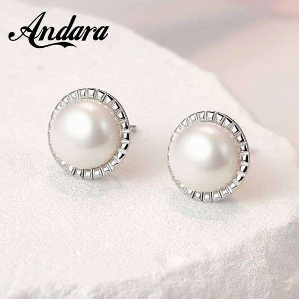 Andara 925 Sterling Silver Pearl round Earrings for Women Elegant Wedding Engagement Party Fashion Jewelry Accessory Gift
