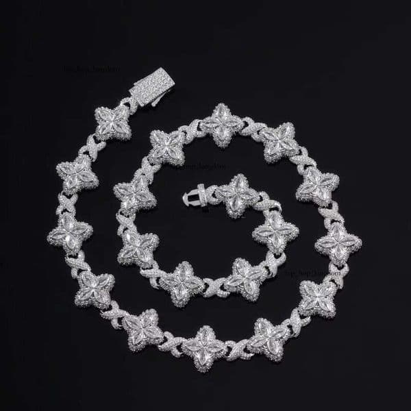 Shiny Hip-Hop 16mm White GRA Clover Bracelet Necklace Brass Fashion Flower 5A VVS Moissanite Diamond Cuban Chain