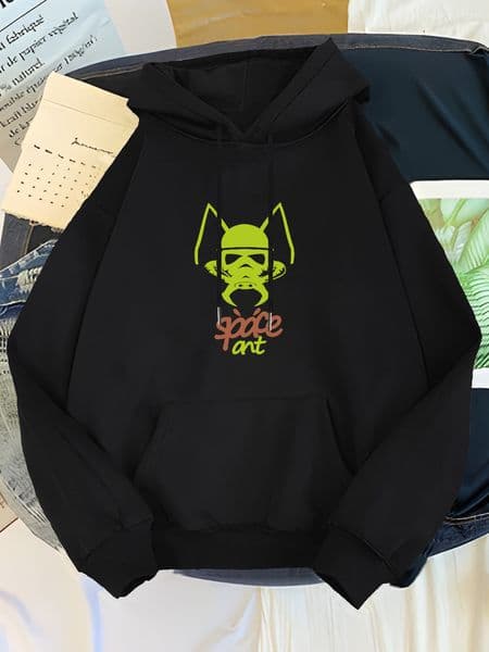 Men's Space Ant Graphic Hoodie - Black Soft Polyester Blend Pullover with Front Pocket, Casual Long Sleeve Sweatshirt for Winter, Astronaut Print Hoodie, Autumn