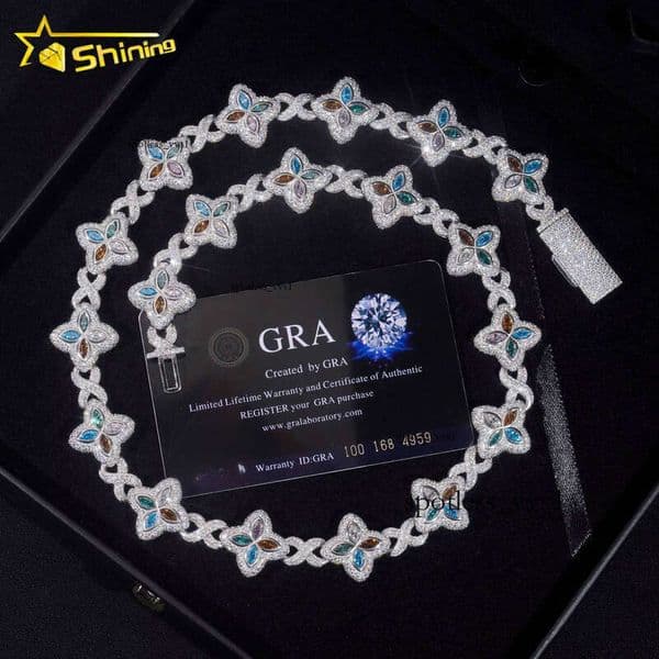 Top Quality New Product 15mm 925 Sterling Silver Hip GRA Hop Jewelry Iced Out Cuban Chain Colorful VVS Moissanite Necklace