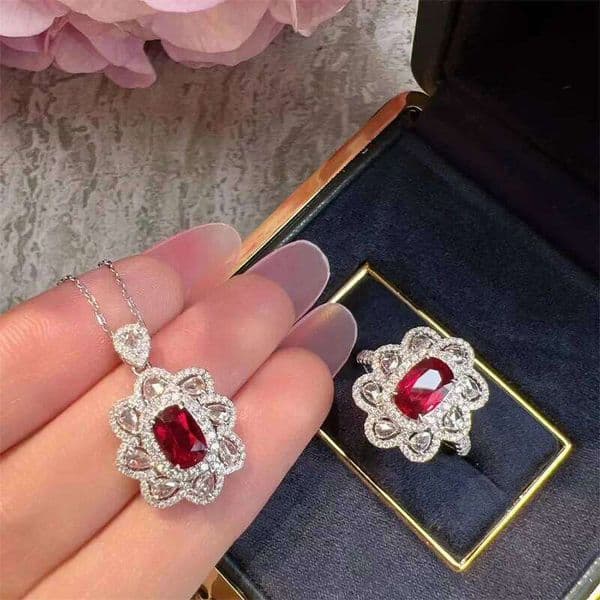 High quality classic ruby jewelry sets full diamond flowers sparkling red earrings for women rings wedding engagement necklace
